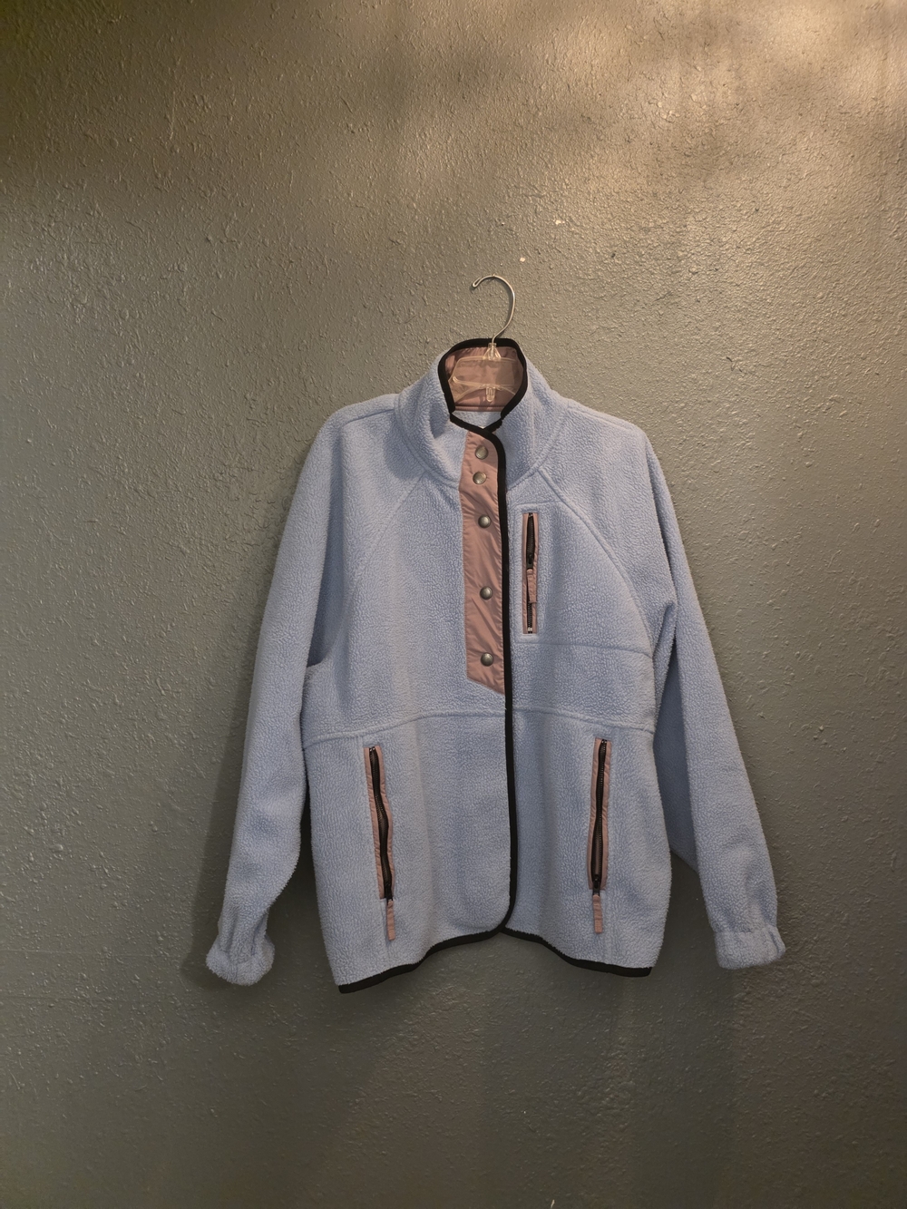 American Eagle Outfitters Light Blue Fleece Jacket with Pink Trim